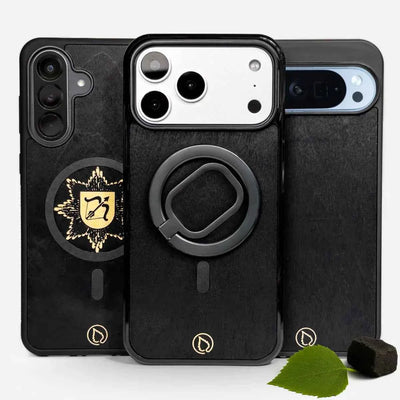 Lastu  Lastu HIILI mustasta koivusta valmistetut puhelinkotelot iPhone 17 Pro, Samsung S26 jne., vihreät lehdet ja hiili taustalla