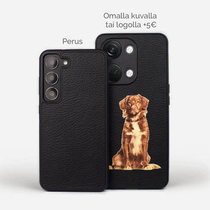 Musta Pinatex-nahkainen puhelinkotelo iPhone, Samsung, OnePlus ja Google Pixel -puhelimille. Kuvassa kaksi koteloa, joista toisessa koiran kuva. Kustomoitava omalla kuvalla tai logolla. Suojaava ja tyylikäs Lastu-kotelo.