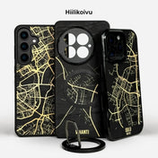Lastu KARTTA Hiilikoivu mustat puiset puhelimen kuoret iPhone, Samsung ja OnePlus -malleille, karttakuoret, MagSafe-kuoret, kännykän kotelot.
