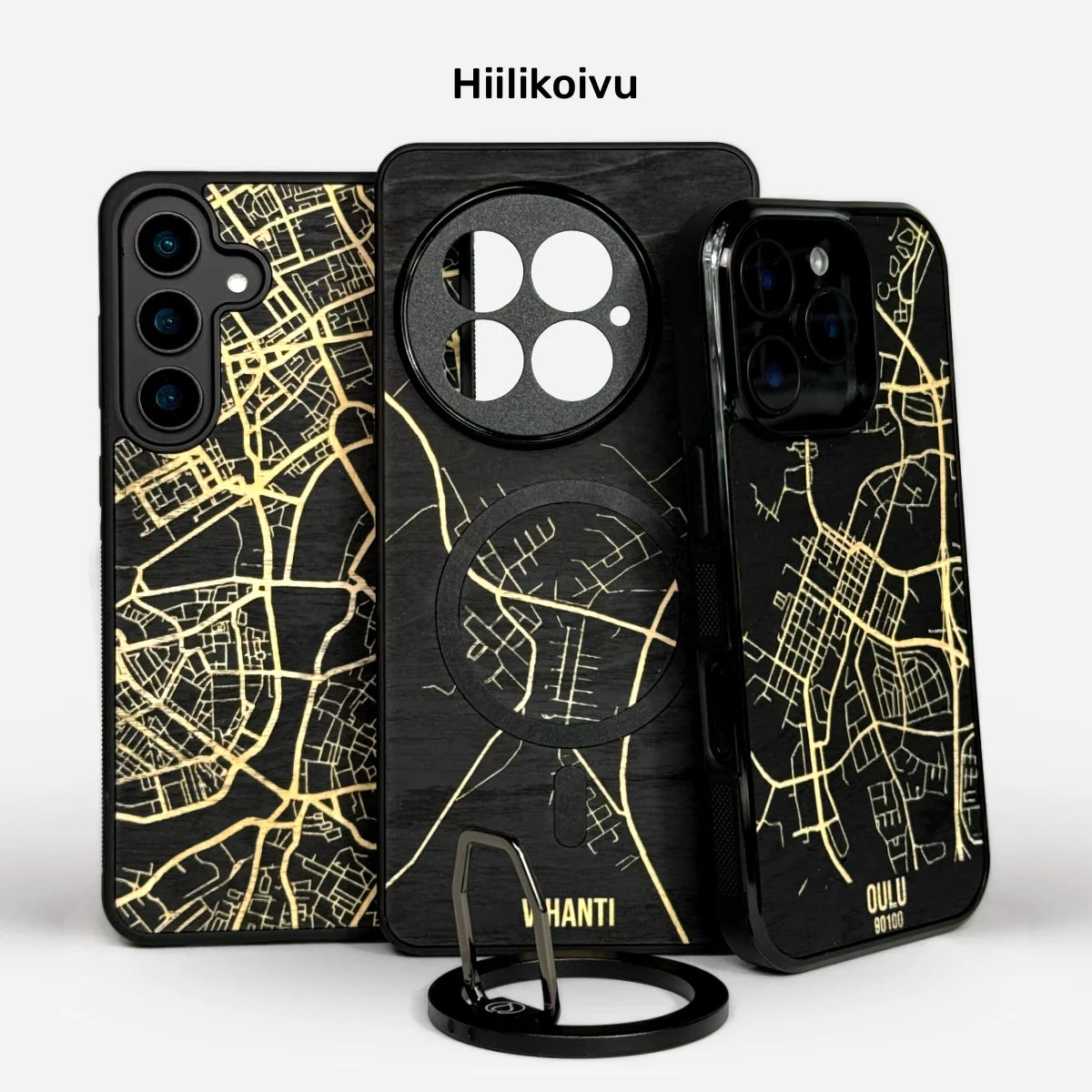 Lastu KARTTA Hiilikoivu mustat puiset puhelimen kuoret iPhone, Samsung ja OnePlus -malleille, karttakuoret, MagSafe-kuoret, kännykän kotelot.