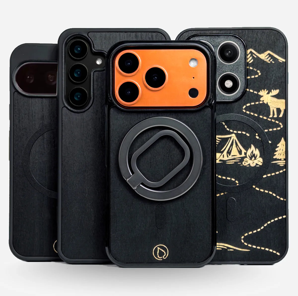 Lastu  Lastu HIILI -puhelinkotelot iPhone 17 Pro, Galaxy S26 jne., musta puu, kultaiset retkigrafiikat, reunallinen malli