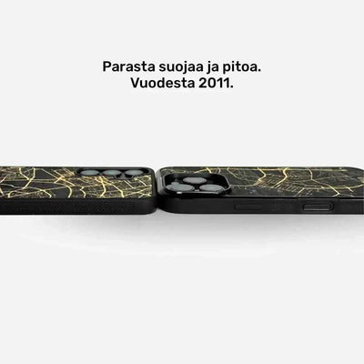 Lastu  IPhone 17 Pro ja Samsung Galaxy S26 mustissa ja kultaisissa puukartta-suojakoteloissa, teksti suomeksi yläpuolella.