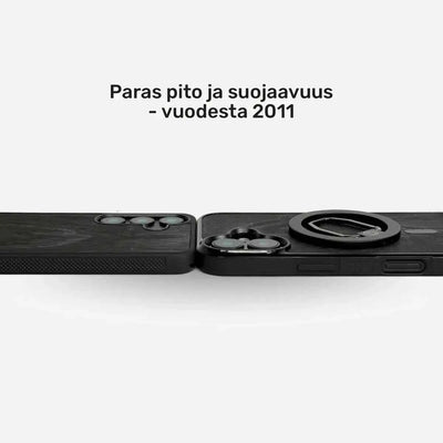 Lastu  Lastu HIILI, musta koivupuu, puhelimen kuoret iPhone 17 Prolle, Samsung S26: linssilisäosat, suomenkielinen teksti.
