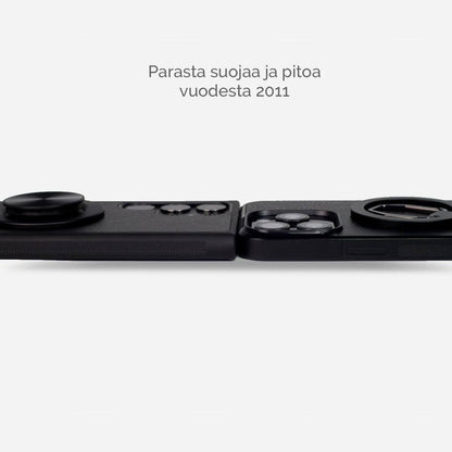 Musta ananasnahkainen puhelinkotelo iPhonelle, Samsungille, OnePlus:lle ja Google Pixelille. Kestävä ja tyylikäs suoja Pinatex-materiaalista. MagSafe-yhteensopiva langattomaan lataukseen. Ympäristöystävällinen valinta Lastu-brändiltä.