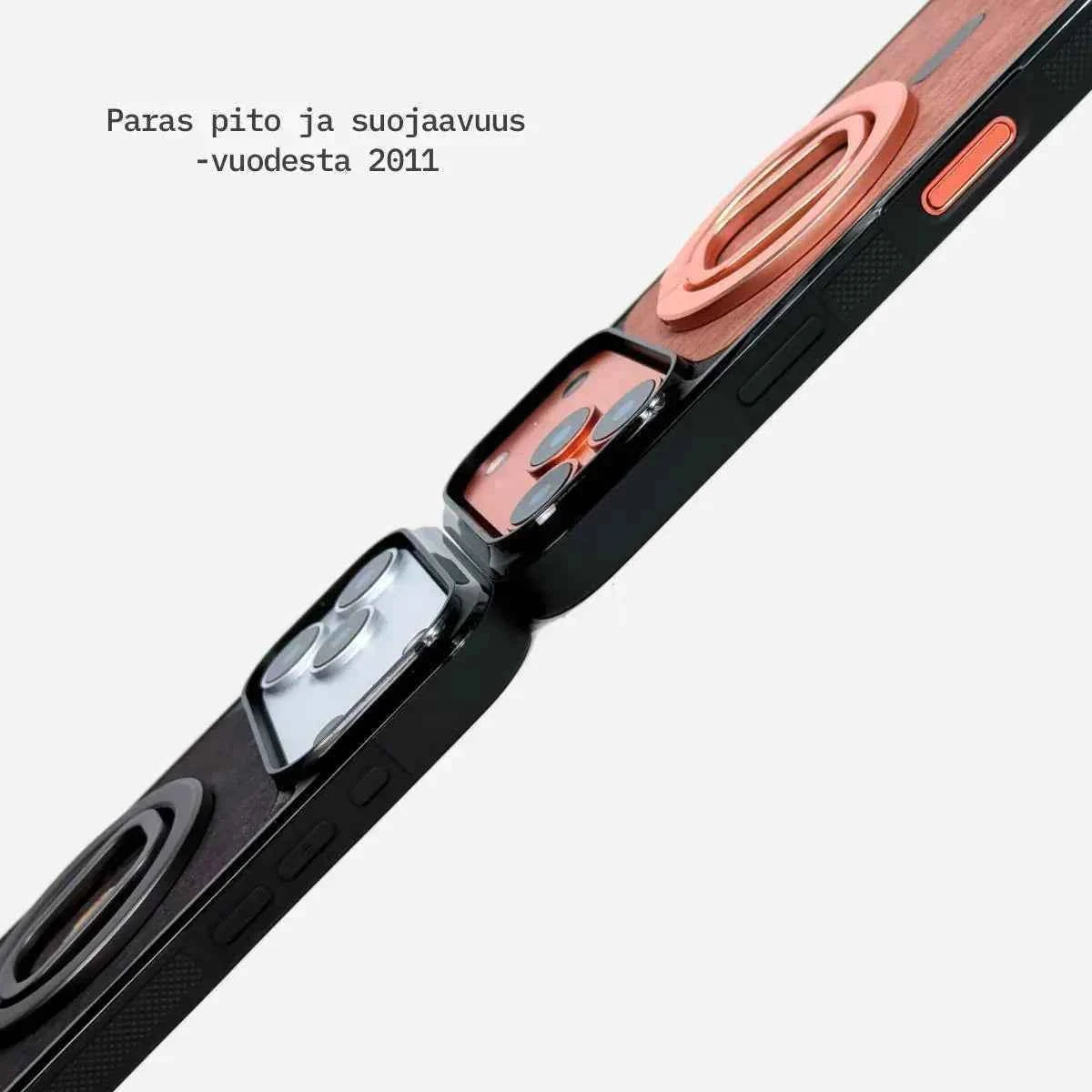 Lastu  Lastu-puinen MagSafe-suojakotelo iPhone 17 Pro- ja Galaxy S26 -puhelimille, kaiverrus, yläpuolella suomenkielinen teksti.