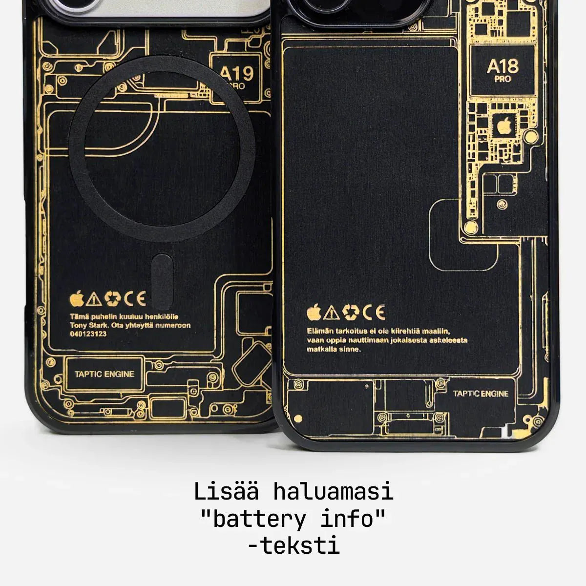 Lastu koivupuinen iPhone kuori laserkaiverruksella, malli iPhone 15, 16 ja 17 Pro versioille