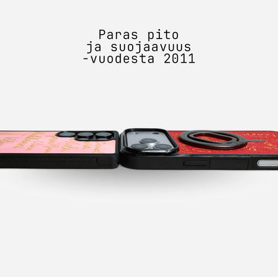 Lastu  IPhone 17 Pro ja Samsung Galaxy S26 Lastu SANAT -puhelinkotelot, puuta, teksti: Paras pito ja suojaavuus vuodesta 2011 lähtien