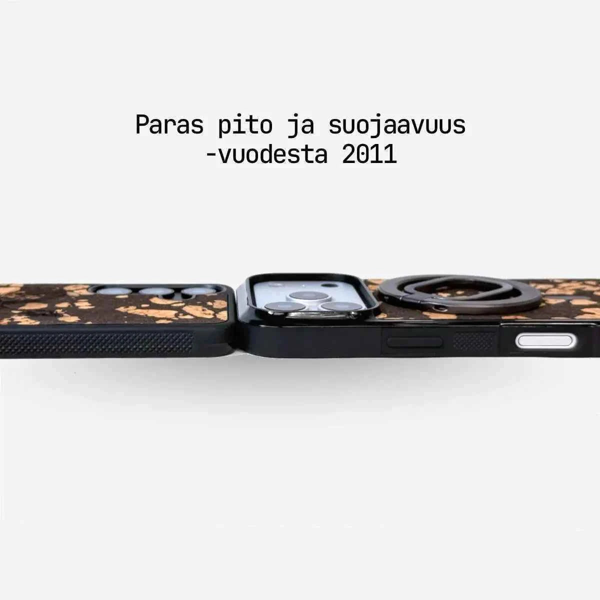 Lastu  Lastu KUKSA: kahvista ja puusta valmistetut puhelinkotelot iPhone 17 Pro & Galaxy S26, teksti: paras pito ja suoja vuodesta 2011 lähtien