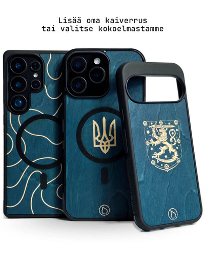 Lastu  Siniset Lastu KAAMOS puhelimen kuoret koivusta, kaiverruksin, iPhone 17 Pro ja Galaxy S26 yhteensopivat