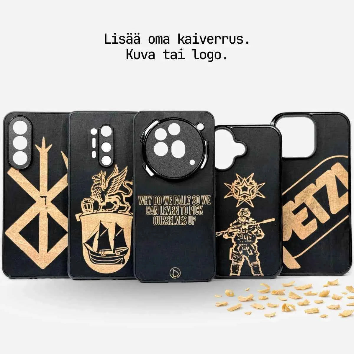 Lastu  Viisi Lastu LUMIKOIVU -koivusta valmistettua puhelinkoteloa (iPhone 17 Pro, Samsung Galaxy S26) valkoisella taustalla