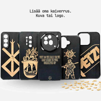 Lastu  Viisi Lastu LUMIKOIVU -koivusta valmistettua puhelinkoteloa (iPhone 17 Pro, Samsung Galaxy S26) valkoisella taustalla