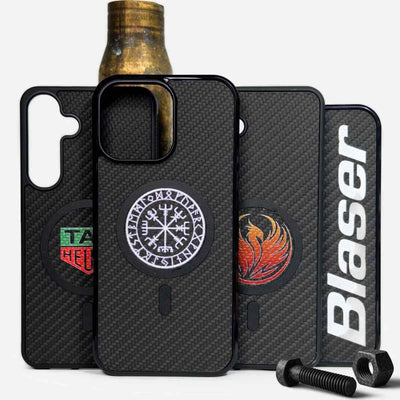 Lastu  Lastu KARB karbon-kuitua muistuttavat puhelimen kuoret iPhone 17 Pro/Samsung S26/OnePlus 15 logoilla, mukana ruuvit.