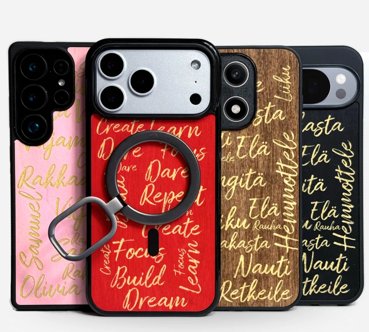 Lastu  Lastu SANAT puhelimen puiset kuoret iPhone 17 Pro, Samsung Galaxy S26, OnePlus 15, Pixel 10 ja Nothing malleihin.