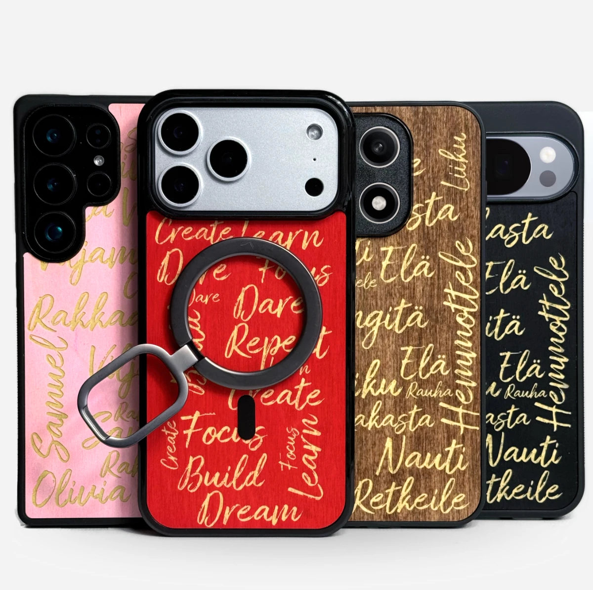 Lastu  Lastu SANAT -puhelinkotelot, kultaisia koristeita, sopivat iPhone 17 Pro-, Galaxy S26- ja OnePlus 15 -malleihin, aitoa puuta.