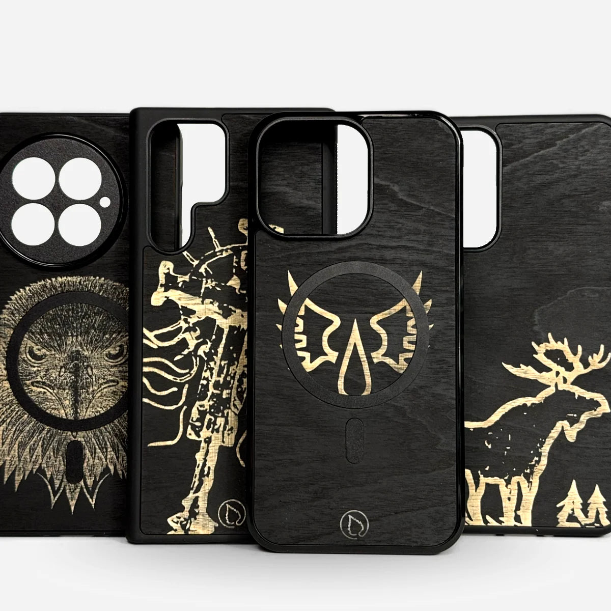 Lastu Hiilikoivu mustat puiset puhelimen kuoret eri malleille, kuten iPhone, Samsung, OnePlus, Pixel kuoret luonnonaiheilla.