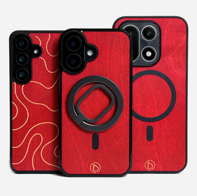 Lastu  Lastu RUSKA:n puiset puhelinkotelot tummanpunaisesta koivusta, iPhone 17 Pro ja Galaxy S26, kultaisilla ja mustilla yksityiskohdilla