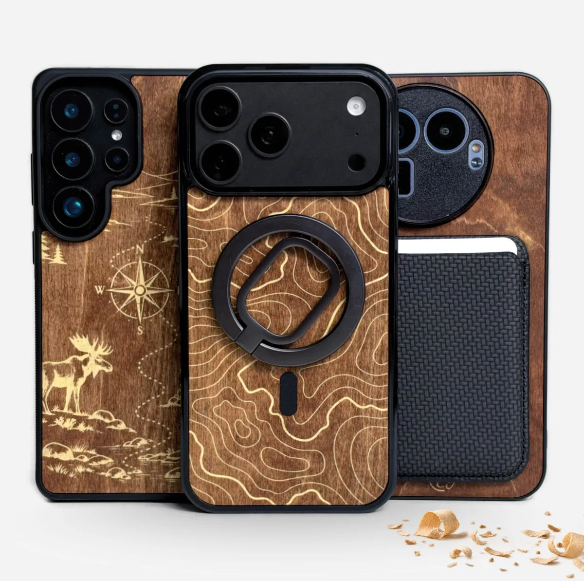 Lastu  Lastu TERWA puhelimen kuoret tervatusta koivusta iPhone 17 Pro, Galaxy S26, OnePlus 15, kartta & kompassi