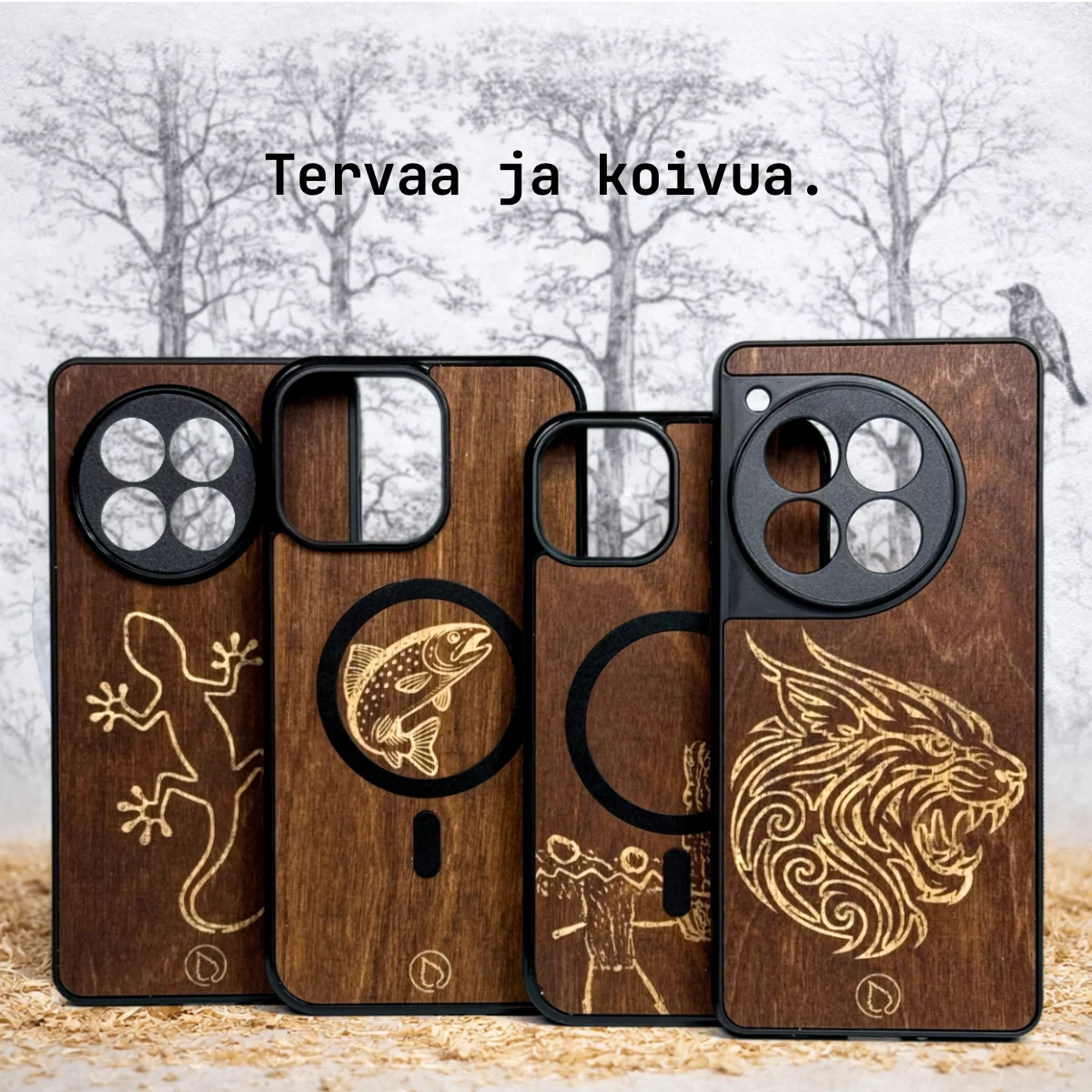 Lastu ruskeat aidot puiset puhelimen kuoret omalla kaiverruksella eri iPhone-malleille