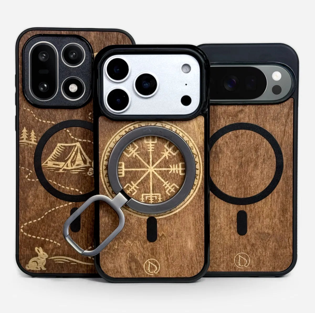 Lastu  Lastu TERWA:n koivusta valmistetut puhelinkotelot iPhone 17 Pro:lle, Galaxy S26:lle ja OnePlus 15:lle, kaiverretuilla kuvioilla.