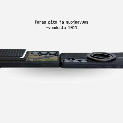 Lastu  Samsung Galaxy S26:n puhelinkotelot – oma kuva ja MagSafe, reunat jääsinistä puuta, vierekkäin.