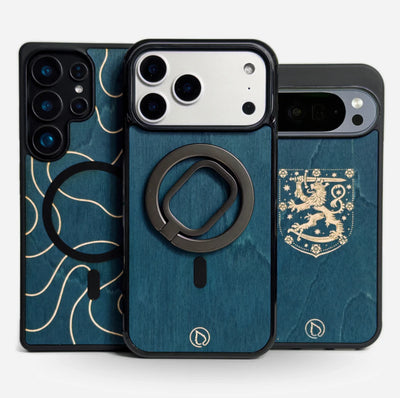 Lastu  Kolme Lastu KAAMOS aitoa koivua, sininen ja kullanviivat, puhelimen kuoret iPhone 17 Pro, Galaxy S26, OnePlus 15.