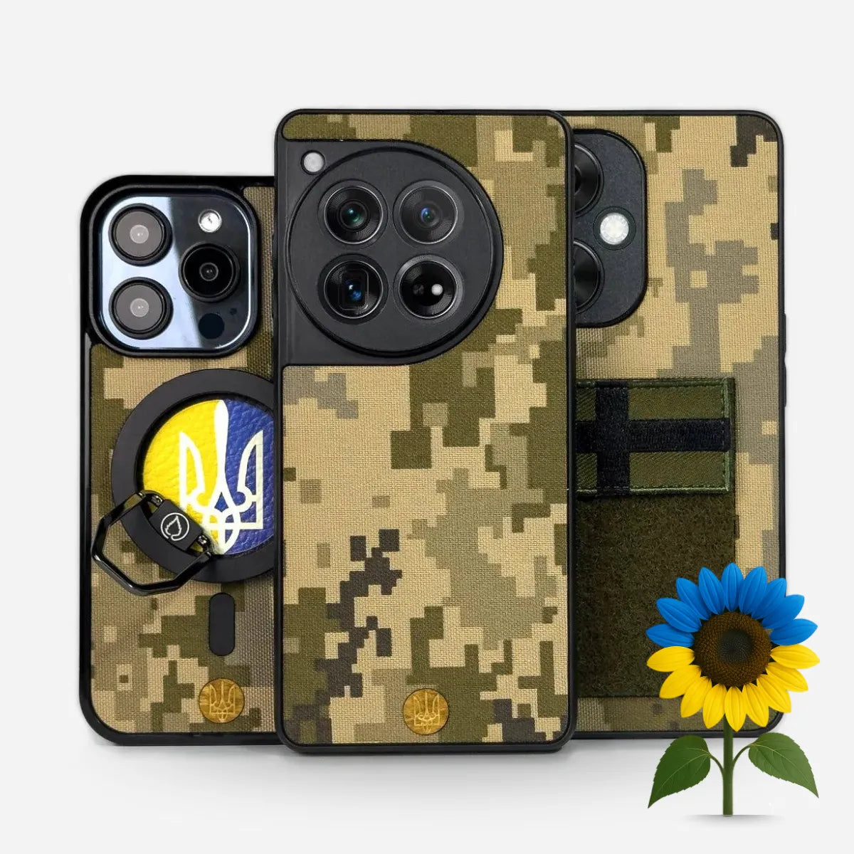 Aito ukrainalainen MM14 maastokuviolliset puhelimen suojakuoret kolmessa eri mallissa tarrakohdilla ja auringonkukalla - Lastu Military Collection