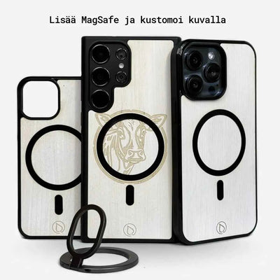 Lastu  Lastu LUMI:n koivusta valmistetut puhelinkotelot, lehmäkuvio, iPhone 17 Pro ja Galaxy S26 pöydällä.