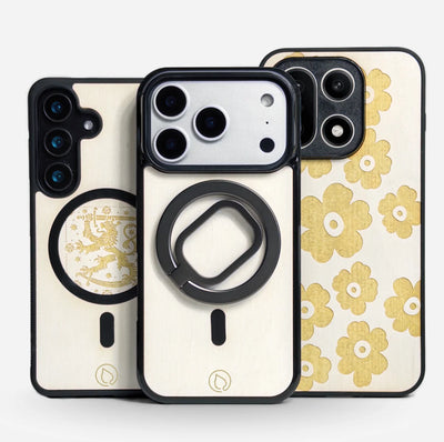 Lastu  Lastu LUMI: vaaleat koivupuiset puhelinkotelot (iPhone 17 Pro, Samsung S26), kukka- ja lohikäärmekuvioilla, metallirengas.