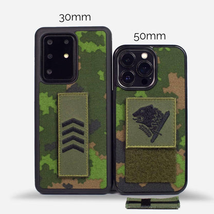 Tactical Essence Case military-style phone covers displaying Finnish M05 woodland camouflage pattern with Velcro patches on durable fabric material, shown in two sizes - 30mm and 50mm - with black protective frames. Product by Lastu.