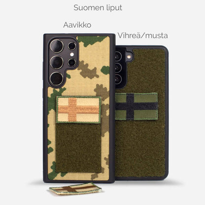 Puhelimen kuoret, Lastu kuoret, MagSafe kuoret, Kuoret omalla kuvalla, kotelot, suojakuoret - Sotilaallinen maastokuvioinen puhelinkotelo Suomen lipulla ja tarranauhalla - Lastu Military Cases Collection