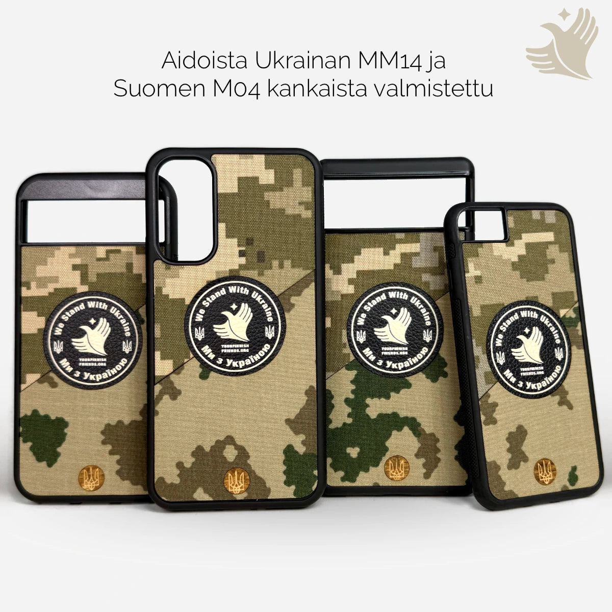 Ukrainan MM14 ja Suomen M04 -kankaisista sotilaallisista kuoseista valmistettu puhelinkotelo iPhone-, Samsung-, OnePlus- ja Google Pixel -puhelimille. Kotelossa on Your Finnish Friends -logo ja se tukee Ukrainaa. Yhteensopiva Lastun MagSafe-lisävarusteiden kanssa. Lastu