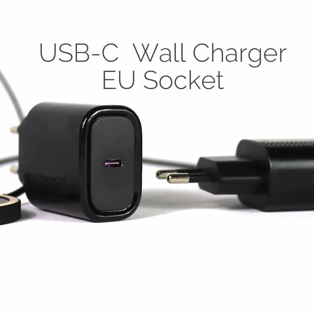 Musta USB-C-seinälaturi EU-pistokkeella. Kompakti ja tehokas 20W laturi älypuhelimille kuten iPhone, Samsung, OnePlus ja Google Pixel. Nopea lataus ja yhteensopivuus monien laitteiden kanssa. Kestävä ja luotettava ratkaisu päivittäiseen lataukseen. Lastu.