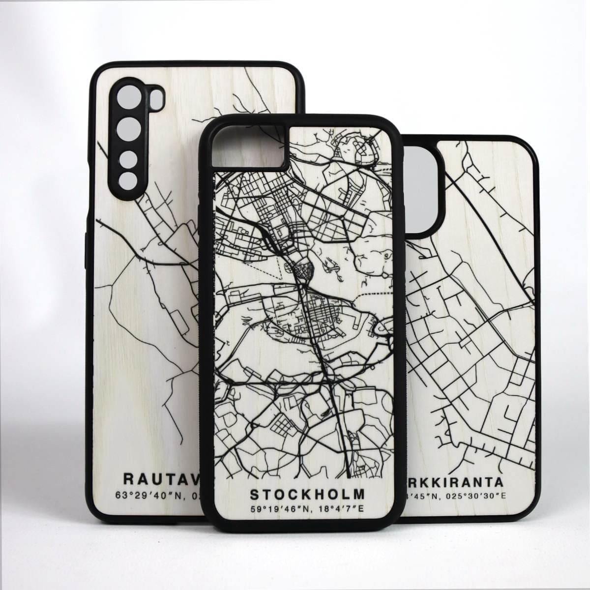 a wooden phone case with a map of stockholm