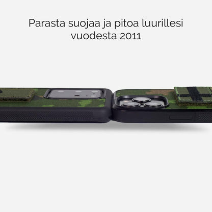 M05-kuvioiset puhelinkuoret tarraominaisuudella, valmistettu aidosta Suomen armeijan kankaasta. Sopii useille älypuhelinmalleille kuten iPhone, Samsung ja OnePlus. Kestävä ja yksilöllinen suoja puhelimellesi. Lastu