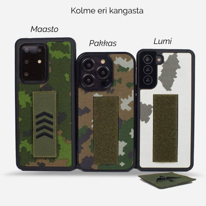 Kolme erilaista M05-kangaskuosilla varustettua puhelinkuorta: maasto, pakkas ja lumi. Kaikissa on tarranauha kiinnitettäviä merkkejä varten. Yhteensopiva iPhone, Samsung, OnePlus ja Google Pixel -puhelimille. Lastu