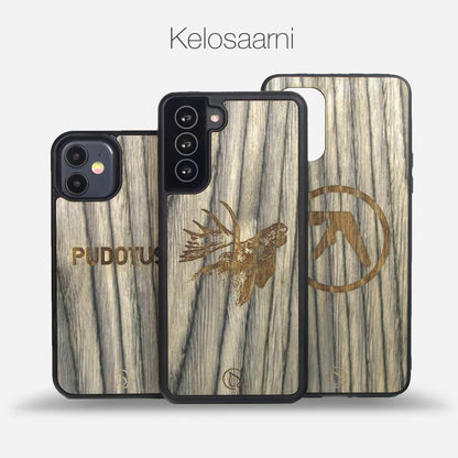 Kolme puista puhelinkoteloa eri iPhone-, Samsung- ja OnePlus-malleille. Koteloissa on kaiverrettu poro, hirvi ja vuoristosymboli. Koteloiden materiaali on Kelosaarni-puuta. Tyylikäs ja ekologinen suojaus älypuhelimille. Lastu